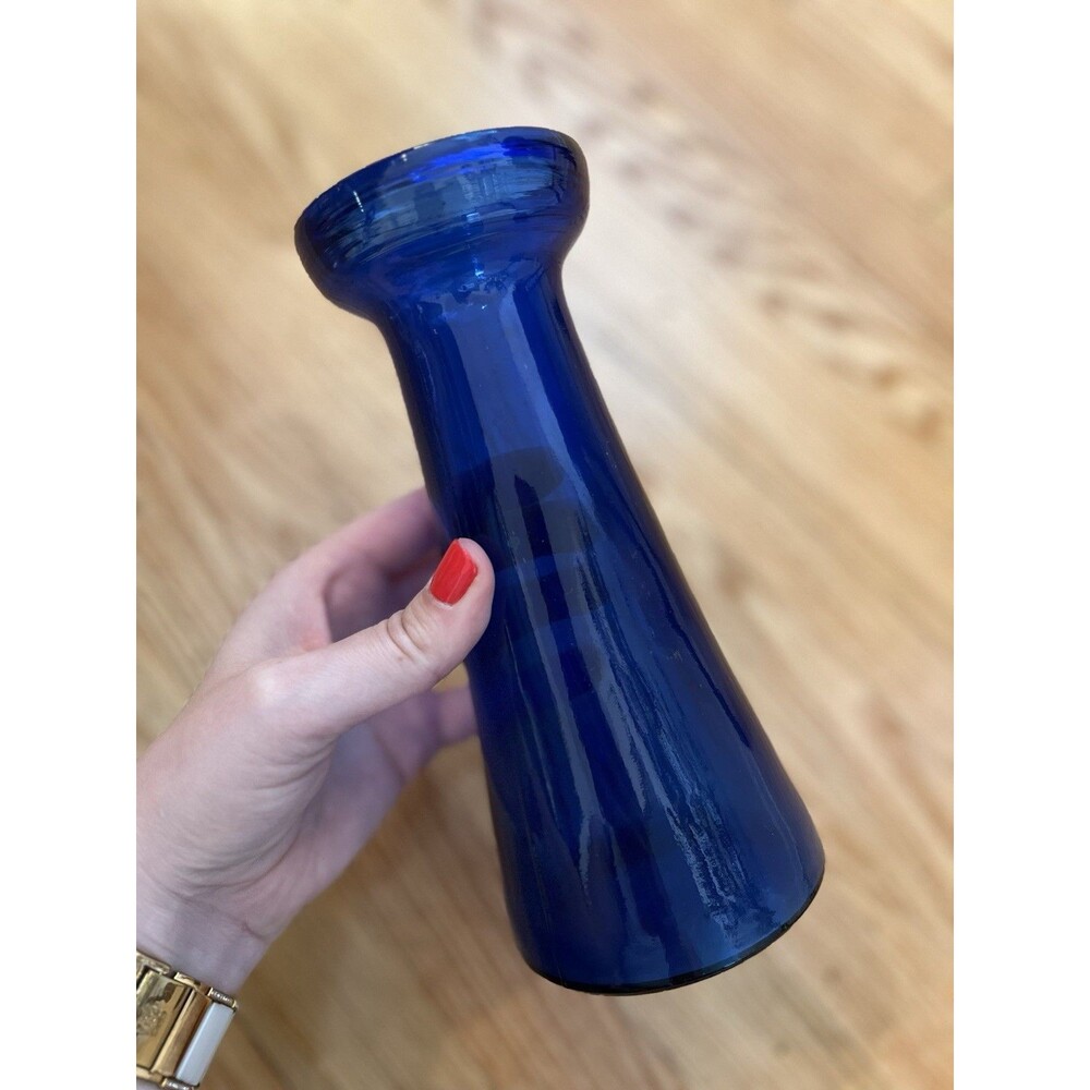 Vintage English Cobalt Blue Glass Hyacinth 8” Vase Hand Blown Victorian Decor
